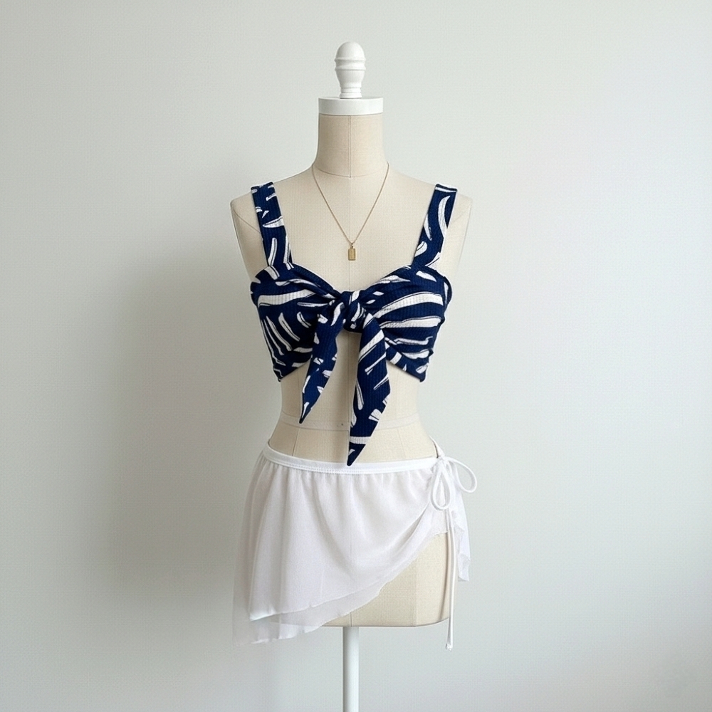 H&M Navy Blue and White Cropped Tie Front Top